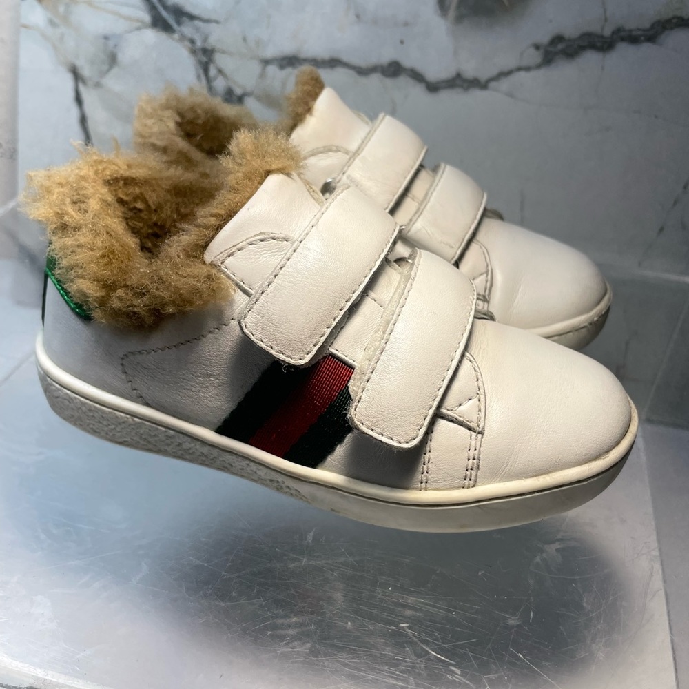 GUCCI Youth sz 14 INCHES 7 ace fur lined White leather snearker made in italy - Picture 3 of 16